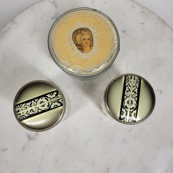 Vintage Glass Vanity Jar Set Cameo Lid & Art Deco Floral Inlay Metal Tops – 3 Pc - Picture 8 of 16